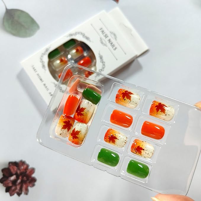 Fall Press on Nails Short Square Fake Nails with Gold Sequins Maple Leaves Design Orange Green Glossy Acrylic False Nails Thanksgiving Stick on Nail Artificial Gel Glue on Nail for Women 24Pcs