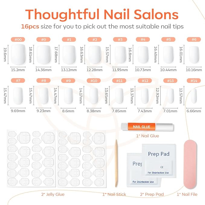 Modelones Pure White Press on Nails for Women, Short Square Fake Nails, Reusable Nail Kit with Nail Glue Adhesive Tabs Mini Nail File, Christmas Nails Press Ons 32Pcs16 Sizes, Women Girl Gift