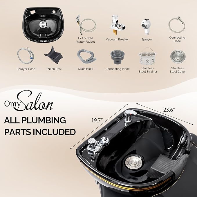 OmySalon Shampoo Backwash Unit with Large Porcelain Bowl, Salon Sink Hair Wash Chair Shampoo Station, Barbershop Beauty Spa Massage Hairdressing Equipment