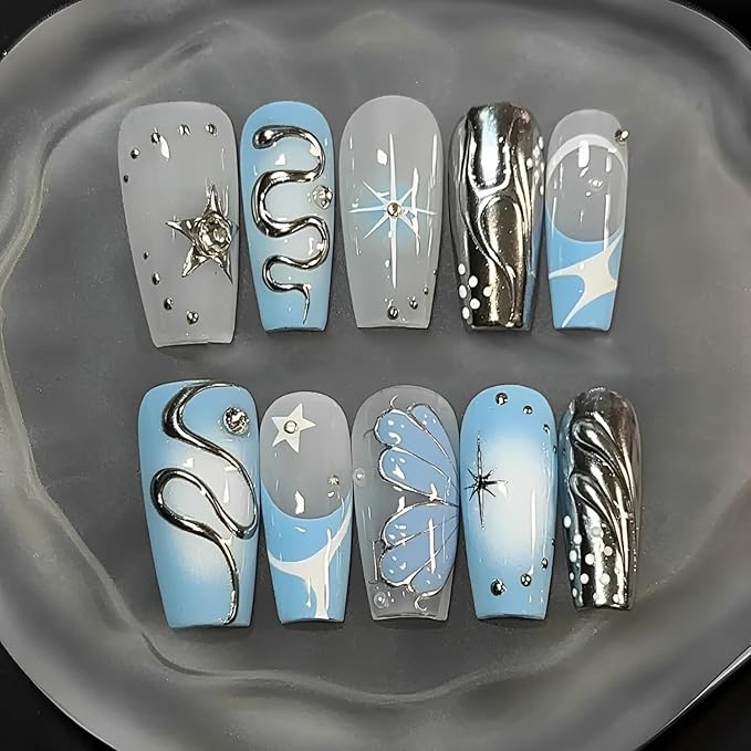 30Pcs Handmade Press on Nails Long Coffin Fake Nails Silver Snake Star with Rhinestones Glitter Design Full Cover Artificial Nails Y2k Glue on Nails Blue French Tip False Nails for Women Acrylic Nails