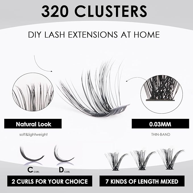 DIY Lash Extensions Kit 320pcs Individual Lashes Clusters 60D 80D D Curl Eyelash Extension Kit with Applicator and Lash Bond&Seal,Clusters Lash Glue Remover For False Eyelash Mix 10-16mm (60D+80D KIT)