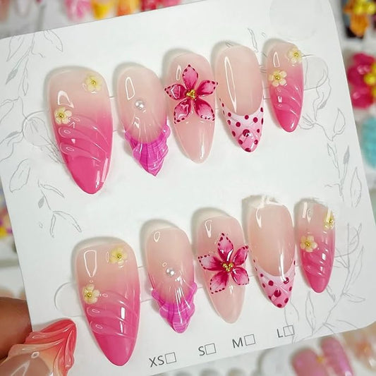 30Pcs Red Flowers Press on Nails Medium Almond French Tip Fake Nails 3D Flowers Rhinestones Glitter Designs Full Cover Pink Ombre Stick on Nails Summer False Nails for Women Girls Acrylic Nail Decor