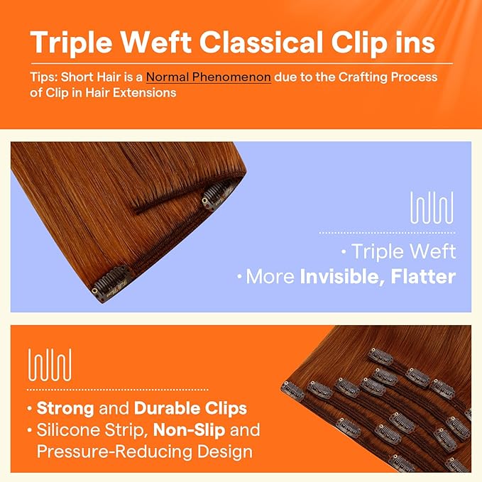 Full Shine Copper Real Hair Clip in Extensions Human Hair 14 Inch Clip in Real Hair Extensions Copper Invisible Hair Extensions for Dance 7 Pcs 120 G