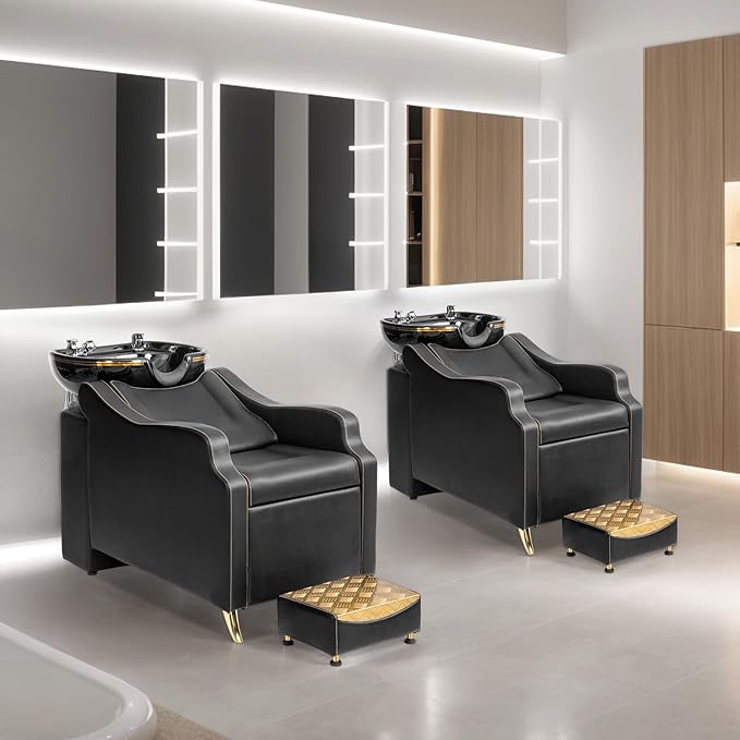 OmySalon Shampoo Backwash Unit with Large Porcelain Bowl, Salon Sink Hair Wash Chair Shampoo Station, Barbershop Beauty Spa Massage Hairdressing Equipment