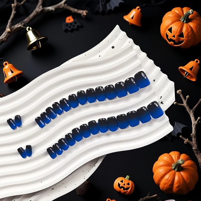 KQueenest Ombre French Press on Nails Short Square, Dark Blue Black Fake Nails Short Coffin, Gradient Color Acrylic Nails Press Ons, Soft Gel Glue on Nails for Women Decoration in 30 Pcs