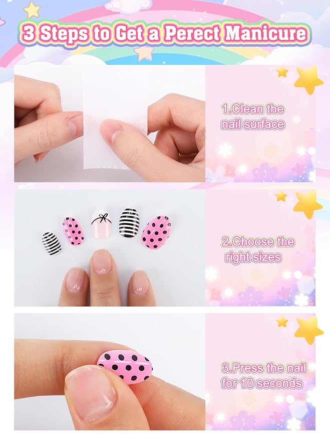 144 Pieces Press on Nails for Kids, EBANKU 6 Pack Kid Fake Nail Cute Colorful Press on Nails for Girls 7-12 Years with Pre- Adhesives