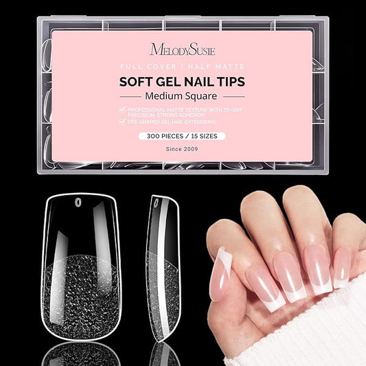 MelodySusie Medium Square X Nail Tips - 300Pcs Clear Acrylic, Half Matte Full Cover Press on Nails for DIY Extension & Salon Use, 15 Sizes Pre-Shaped for Long-Lasting Manicure