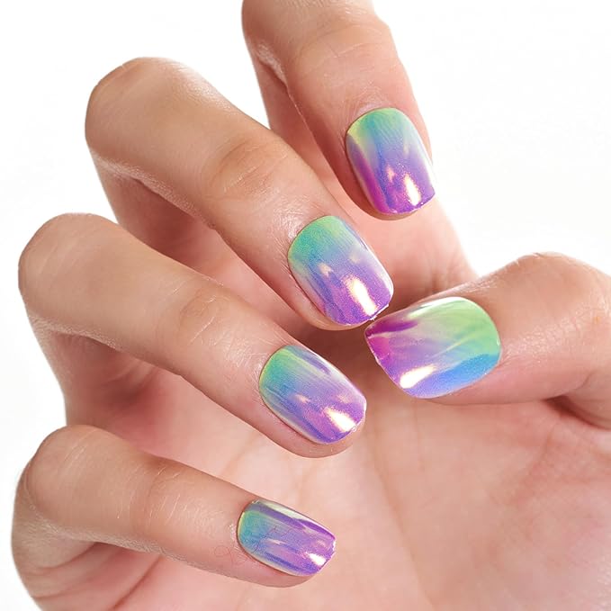 GLAMERMAID Extra Short Press on Nails 24PCS, Handmade Purple Green Ombre Chrome Fall Gel Glue on Nails, Glossy Round Reusable UV Finish Fake Nails Acrylic False Nails Manicure Kits for Women