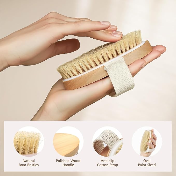 POPCHOSE Dry Brushing Body Brush, Natural Bristle Dry Skin Exfoliating Brush Body Scrub for Flawless Skin, Cellulite Treatment, Lymphatic Drainage and Blood Circulation Improvement