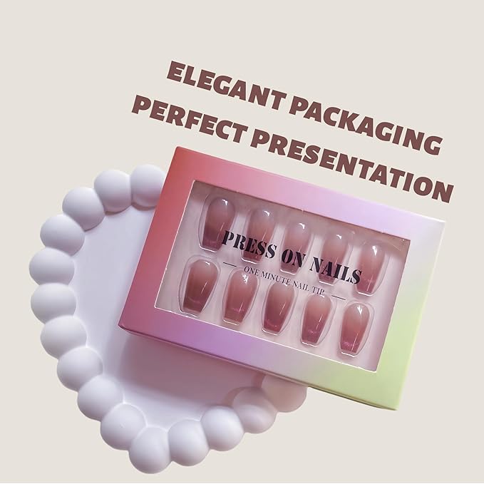 Mauve Pink Press On Nails Coffin Medium – 24pcs Cat Eye French Fake Nails with Nail Glue, Adhesive Tabs & Tools – Soft Fit Back, Durable Tip, Reusable Glossy Stick On Nails for Women