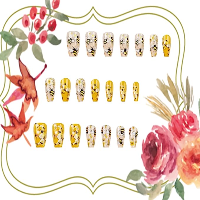 Press on Nails Medium Length Cute Bee Pattern Design Artificial False Nail Full Cover Flower Stick on Nails Press Ons with Design Ballet Shaped Acrylic Glossy Glue on Nailc for Women 24Pcs