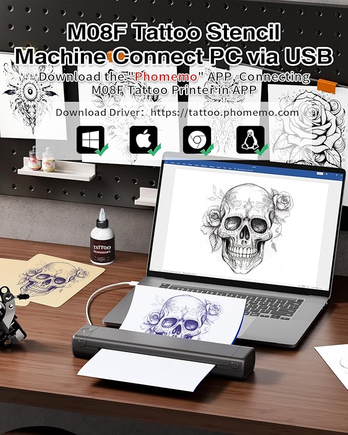 Phomemo Bluetooth Tattoo Stencil Printer, Thermal Tattoo Transfer Machine for Artists & Beginners, Compatible with Phone & PC, with Storage Case & 10Pcs Free Transfer Paper, Grey