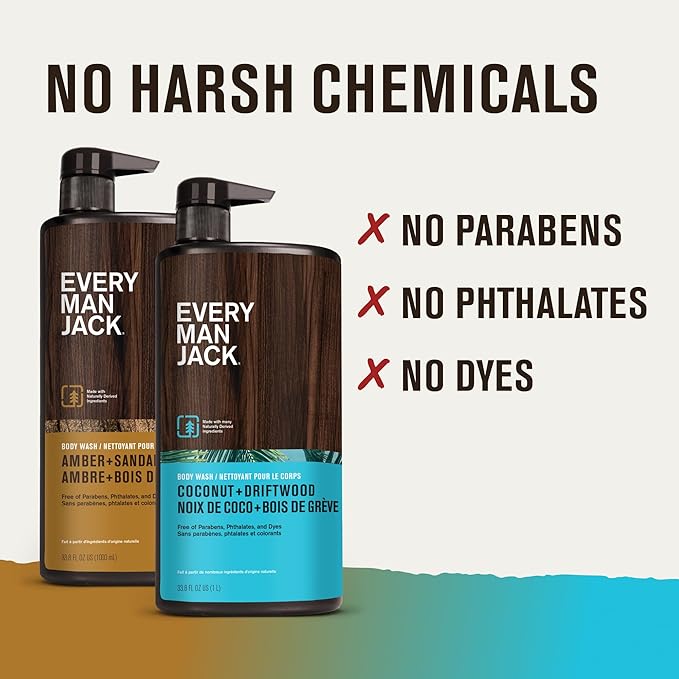 Every Man Jack Coconut + Driftwood & Amber + Sandalwood Mens Body Wash for All Skin Types - Cleanse, Hydrate, and Smell Great - Free of Parabens, Phtalates, and Dyes - 33.8 fl oz (2 Pack)