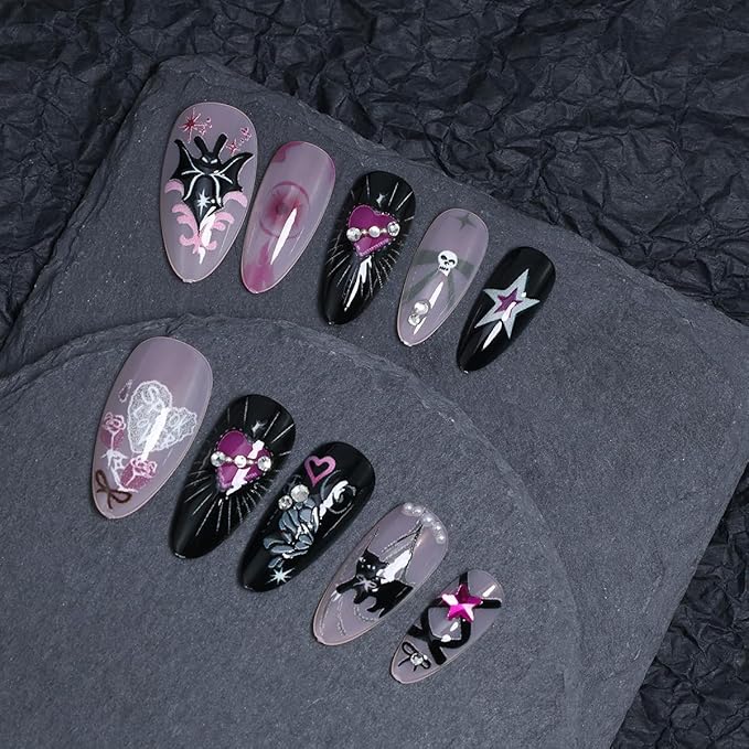 24Pcs Cute Cat Nails Halloween Press on Nails Medium Almond Fake Nails with Gothic Bat Heart Bow Rhinestones Design Glitter Y2k False Nails Black Pink Full Cover Artificial Glue on Nail for Women DIY
