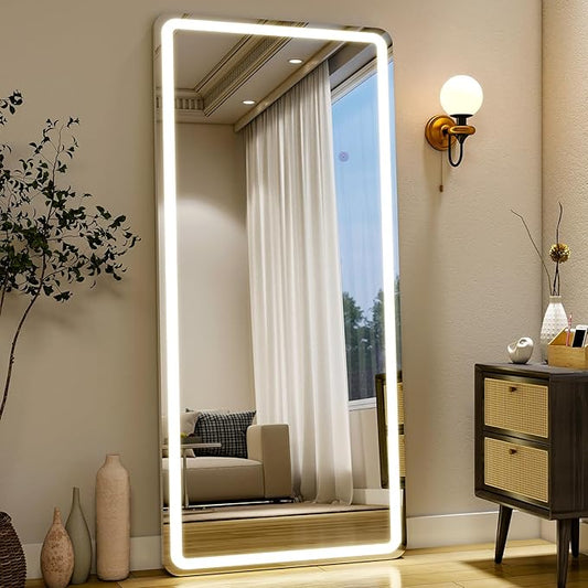 26x68 inch Full Length Mirror with Lights, LED Lighted Floor Standing, Hanging Mirror Full Length with Stand Free, Full Body Dressing Mirrors with Dimmable 3 Color LED