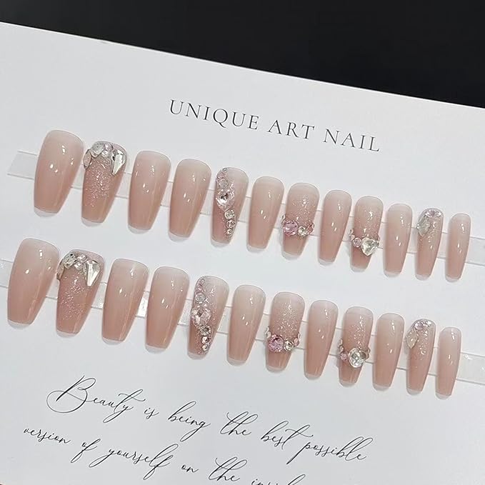 Medium Press on Nails Coffin Fake Nails with Rhinestones Glitter Designs Glue on Nails Light Pink Transparent Nails Press ons Medium Coffin False Nails Artificial Stick on Nails for Women 24Pcs