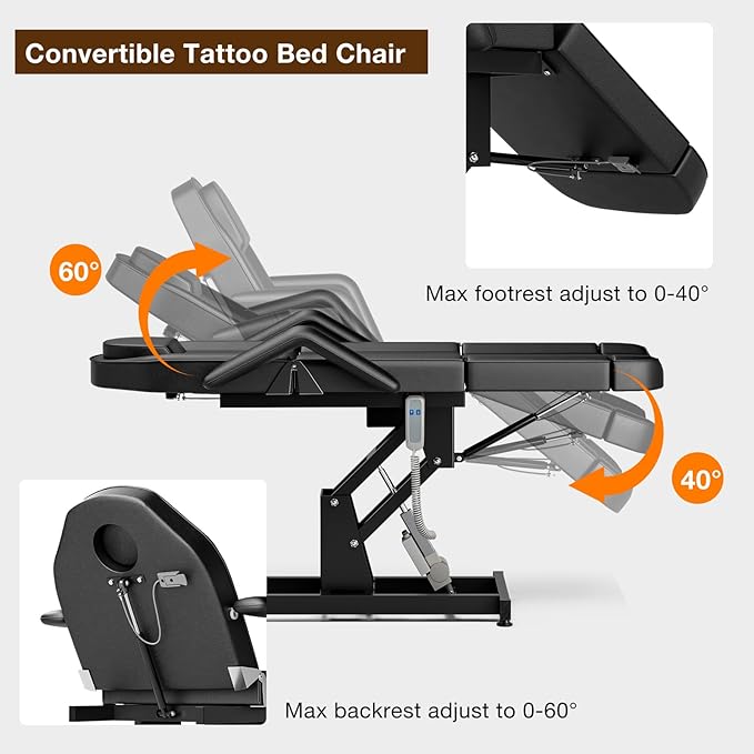 SyyBhb Electric Height Adjustable 21'' - 33'' Massage Table, 73'' - 79'' Length Adjustable Tattoo Chair for Tall Clients, Electric Esthetician Bed 3-Section Folding 440lbs, Black