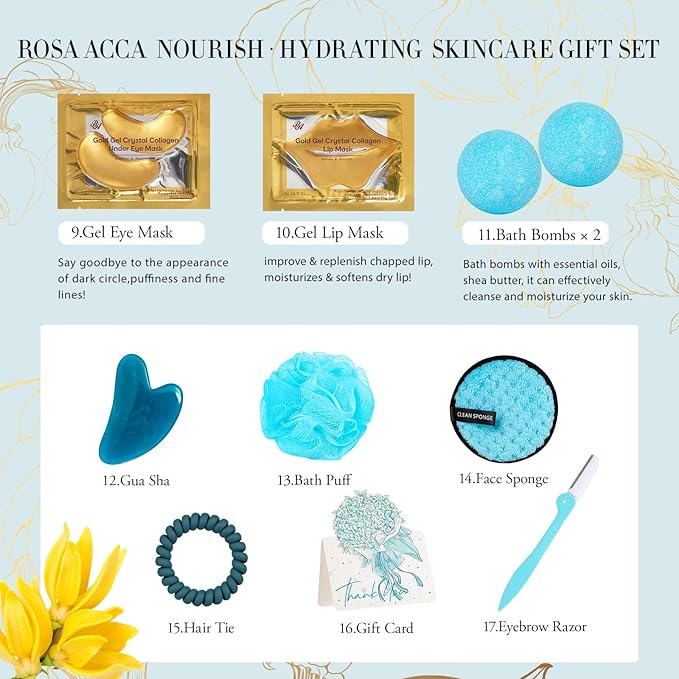 Ylang 23 Pcs Facial Skin Care Kit, Bath and Body Gifts for Women & Men, Spa Kit, Gift Baskets, Birthday Gifts For Women, Cream, Face Oil, Sheet Mask, Gel Eye Mask, Christmas, Valentines, Mother Day