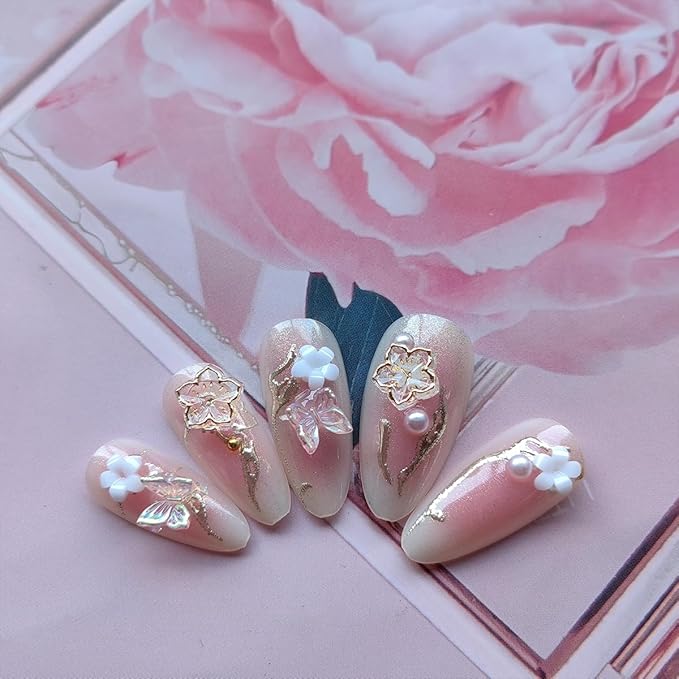 24Pcs Almond Press on Nails Medium Stiletto Fake Nails Flower Butterfly Charms Glue on Nails French Nails Tip False Nails Gradient Pink Stick on Nails Reusable Artificial Acrylic Nails for Women