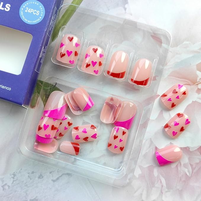 24Pcs Colourful Heart Press on Nails Short Square Valentines Fake Nails Heart Full Cover Design Acrylic Nails French Tip Press ons Cute Coffin False Nails Valentines Artificial Nails for Women
