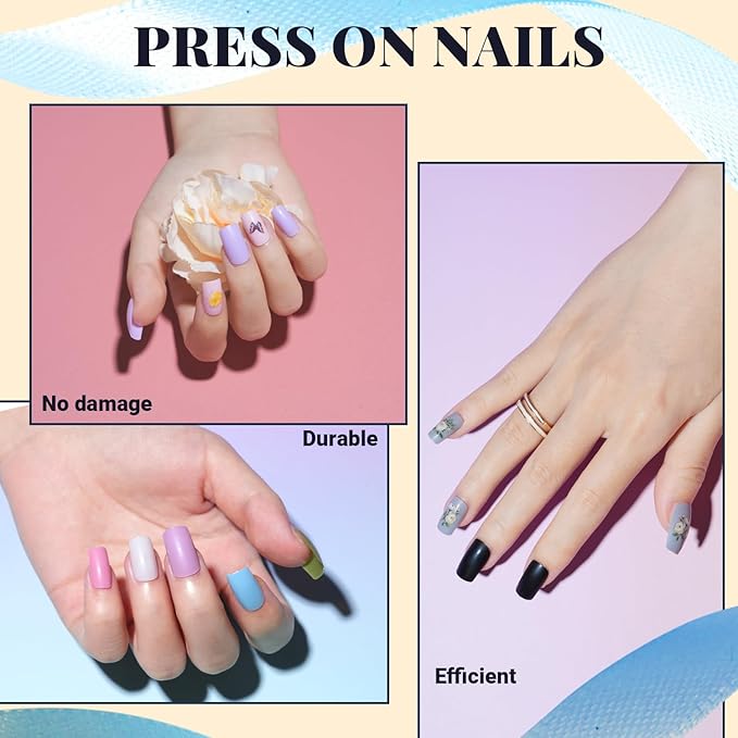 TsMADDTs Medium Square Press on Nails, 720PCS Fake Nails with Glue, Files, Sticker, Tweezer for Women Home Art DIY