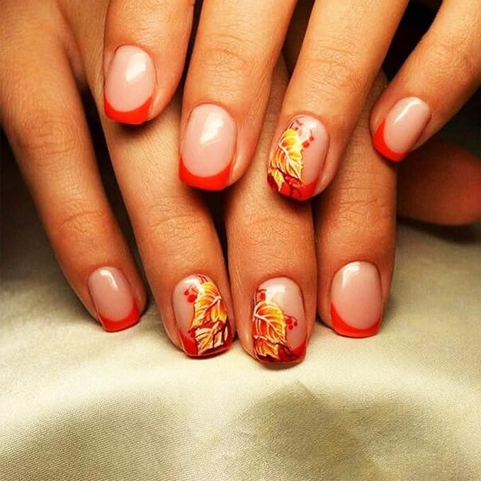 24Pcs Maple Leaf Press on Nails Fall Leaves Stick on Fingernails Glossy Orange French Tips Acrylic Fake Nail Thanksgiving Short Square False Nails Autumn Gel Glue on Nail for Coquette Women Girls