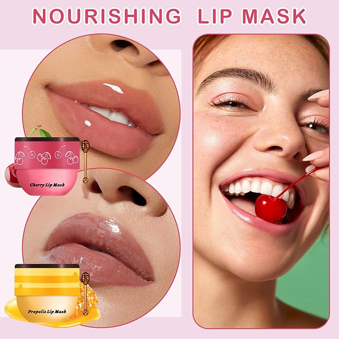2PCS Bee Lip Balm Honey Pot Cherry Honey Sleeping Lip Mask Silky Hydrating Bee Lip Balm Honey Lip Mask Overnight Lip Care Products(Honey+Cherry)
