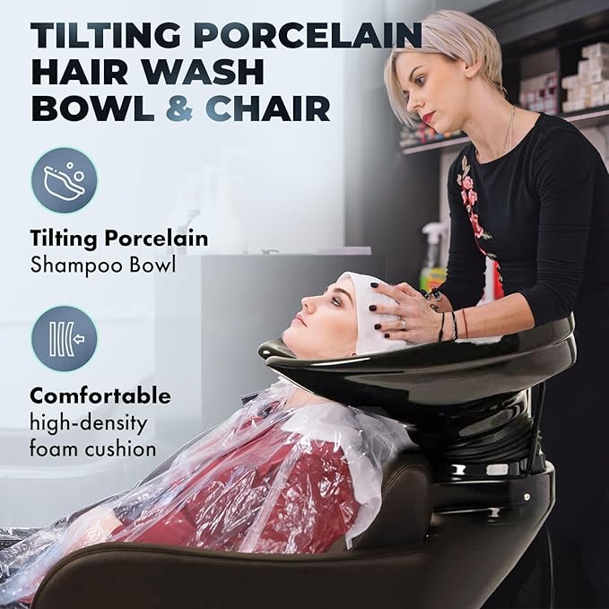 Buy-Rite Lexus Backwash Unit – Espresso Salon Shampoo Chair with Tilting Porcelain Bowl, Extra Wide Seat, Kick-Out Leg Rest, European-Style Faucet, Model TS-8018B