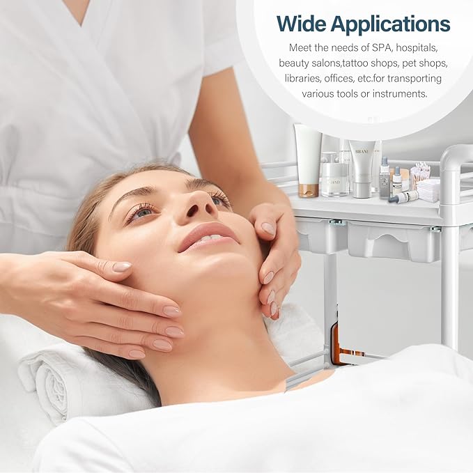 2 Tier Esthetician Cart, Rolling Utility Cart with Bucket & 2 Big Drawers, Heavy Duty Salon Trolley with 360 Rotate Silent Wheels, Load 330lbs Mobile Medical for Salon Hospital Office Lab