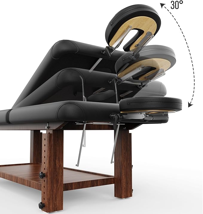 Stationary Massage Table with Adjustable Height Legs and Backrest for Treatment, Physical Therapy, Spa Facial Professional Massage Bed, Black PU Leather - 700LBS Load, Heavy Duty Wood Frame