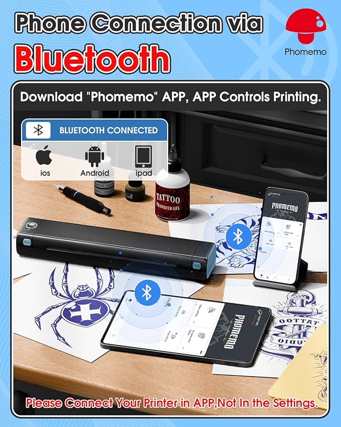 Phomemo M08F Upgraded Tattoo Stencil Printer, Thermal Stencil Printer with 10pcs Transfer Paper, Tattoo Supplies for Artists & Beginners, Compatible with Phone, Tablet & PC, Black & Blue