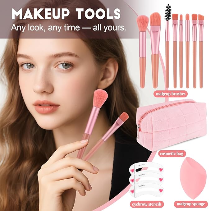 All In One Makeup Kit For Teen Girls Beginners:With Foundation, Face Primer, Eyeshadow, Lipstick, Eyeliner, Mascara, Brushes, Bag, Travel Friendly MakeUp Gift Set, Stocking Stuffers for Teen Girls
