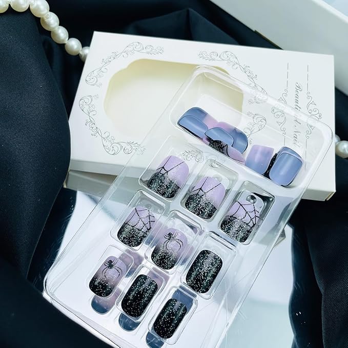 24Pcs Halloween Spider Press on Nails Short Square Fake Nails with Black Purple Glitter Designs Spider Web Full Cover Acrylic Stick on Nails Bling Halloween Nails Glossy Glue on Nails for Women Girls