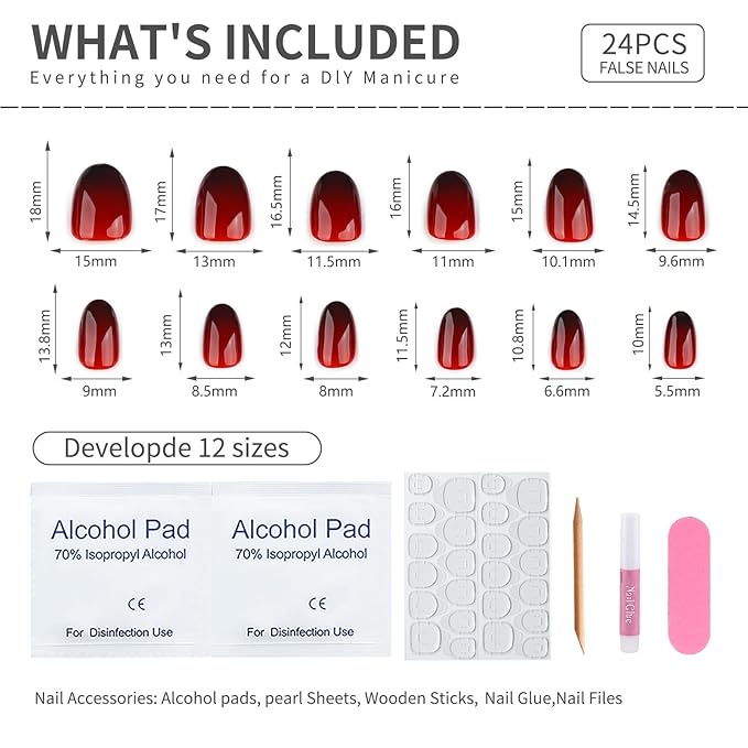 Burgundy Gradient Press On Nails Short Oval, Dark Red Fake Nails with Glossy Gel Finish, Fall Reusable Glue On Nails Kit for Women, Trendy Ombre Design False Nails Set, 24Pcs