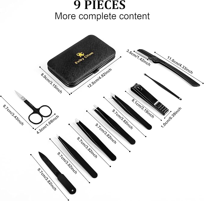 Tweezers Set and Nail Clippers 8Pcs Precision No Gaps Eyebrow Tweezer Kit for Facial Hair Men & Women Travel Tweezers with Leather Case (Black/Red)