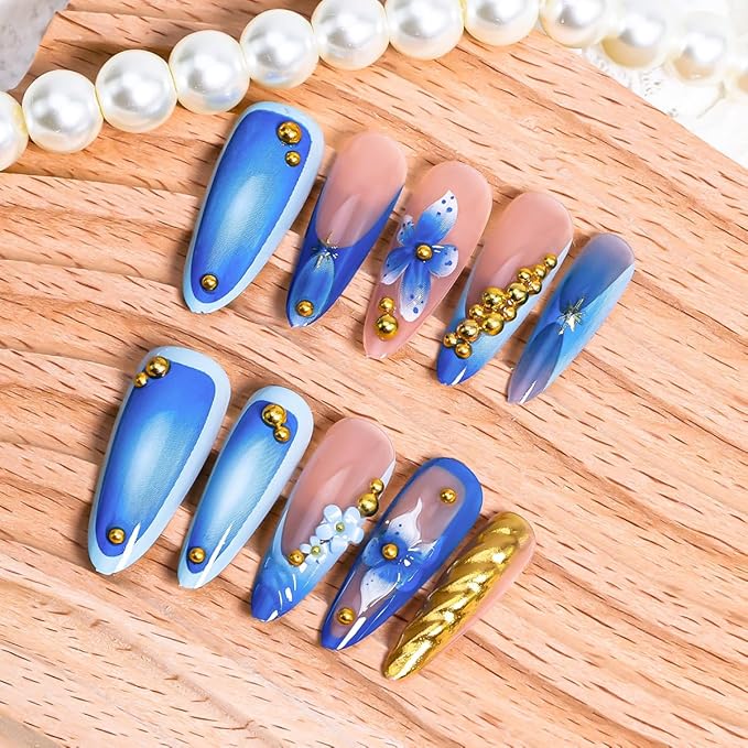10Pcs Handmade Blue Flower Press on Nails Medium Almond French Tip Fake Nails Gold Rhinestones with Flower Glue on Nails Cute Stick on Nails Full Cover Summer False Nails for Women Girls Acrylic Nails