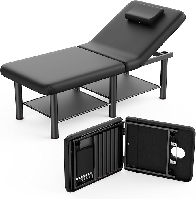 Folding Stationary Massage Table with Backrest and Storage Space, 6 Round Legs Metal Frame PU Leather, 30.5'' Wide × 75'' Long for Treatment Table Physical Therapy Table Spa Facial Bed, Black