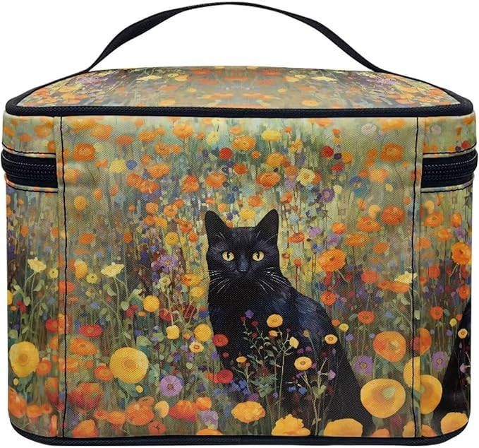 Black Cat Vibrant Floral Pattern Travel Makeup Bags for Women Portable Tote Cosmetic Case with Carry Handle Toiletry Accessories Storage Organizer Bags