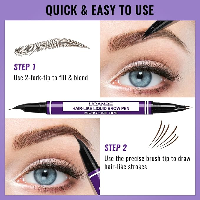 UCANBE Eyebrow Pen, Dual-Curved Eyebrow Pencils for Women, 2-in-1 Brow Pencil with 2-Fork-Tip & Precise Brush-Tip for Natural Hair-Like Brows, Waterproof Microblading Brow Pen Last 24Hrs(Dark Brown)