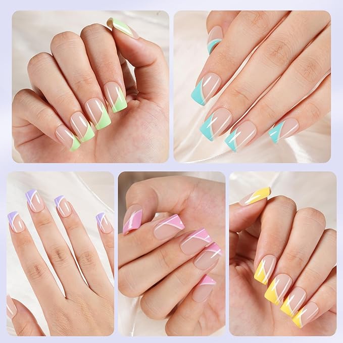 150Pcs Short Press On Nails, French Tip Press On Nails, Soft Gel Stick On Nails Reusable Square Fake Nails for Women 15 Sizes, Pastel Curves