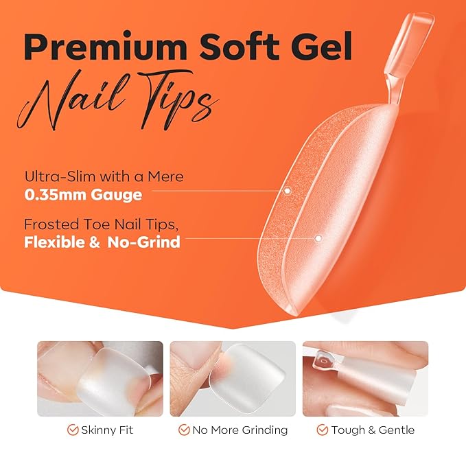 Modelones Toe Nail Tips Short Square Soft Gel Tips Squoval Fake Toe Nails Matte Full Cover Pre-shape Extension Home DIY Salon 240Pcs 15Sizes