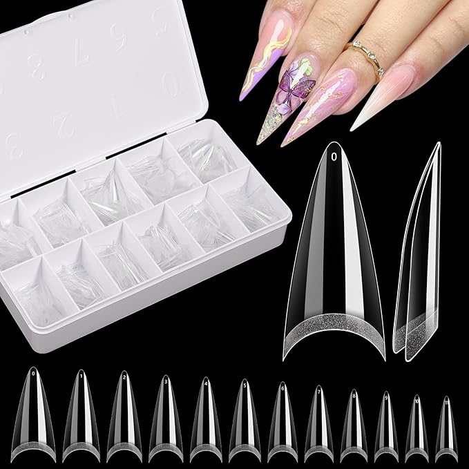 Clear Stiletto Nail Tips, No C Curve Medium Nail Tip for Acrylic Nails Professional, 550PCS Soft Gel Nail Tips Half Cover Stiletto Almond Fake Nails Extension for Salon Home DIY