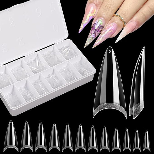 Clear Stiletto Nail Tips, No C Curve Medium Nail Tip for Acrylic Nails Professional, 550PCS Soft Gel Nail Tips Half Cover Stiletto Almond Fake Nails Extension for Salon Home DIY