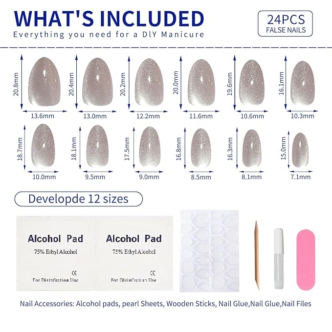 Nude Press On Nails Almond, Cat Eye Press On Nails Short Fake Nails with Color-Shifting Glow, Reusable Stick On Nails, 12 Sizes - 24 Nail Kit with Glue, Natural Glue On Nail for Women
