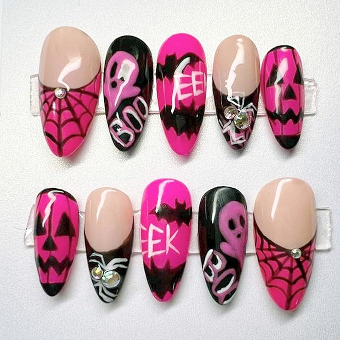 Medium Almond Press on Nails Gothic Halloween Fake Nails with 3D Spider Design Cute Ghost False Nails Spider Web French Tip Acrylic Nail Evil Pumpkin Bat Glue on Nail for Women DIY Manicure 30Pcs
