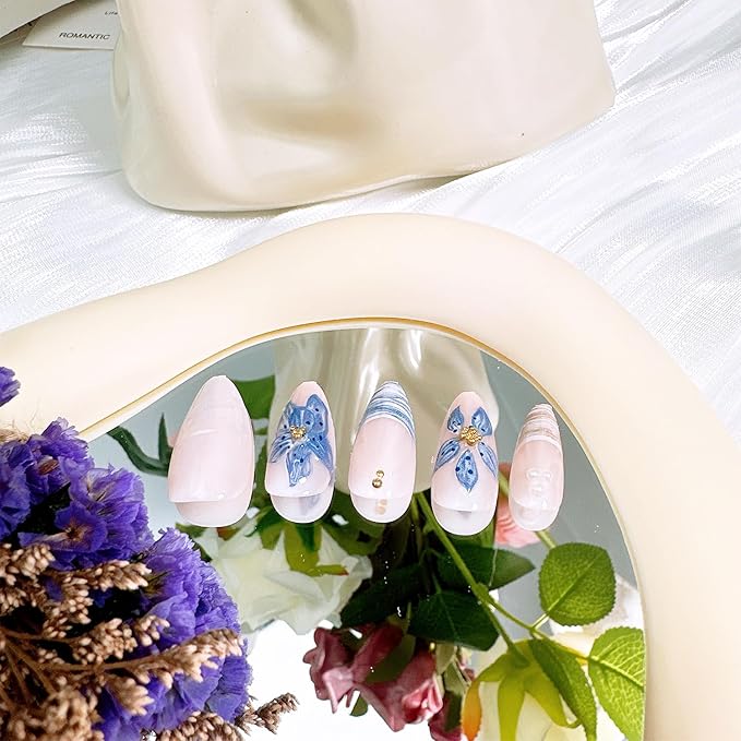 24 Pcs Summer Press on Nails Medium Almond Fake Nails with 3D Blue Flower Gold Beads Designs French Tip False Nails Beach Acrylic Nails Full Cover Stick on Nail for Women Nail Art Decoration
