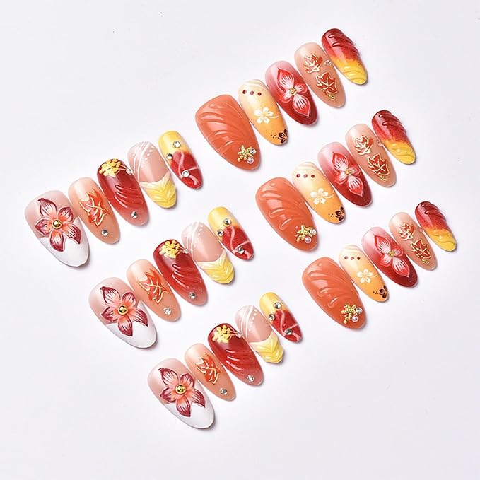 30Pcs Fall Press on Nails Medium Almond Fake Nails with 3D Flower Rhinestones Design Handmade French Tip Nails Autumn Thanksgiving Maple Leaf False Nail Gradient Stick on Nail for Women