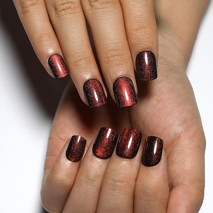 Wine Red Press On Nails Short – Square Cat Eye Fake Nails with Color-Shifting Glow, Reusable Stick On Nails, 15 Sizes, 30 Nail Kit with Glue, Thick Glue On Nails for Women, M5-Crimson Spell