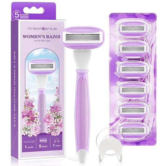 DreamGenius Razors for Women Include 1 Non-Slip Handles and 7 Blade Refills with a Shower Holder, 5 Premium Blades Women's Razors for Shaving with 360° Lubrication Reduces Irritation, Purple