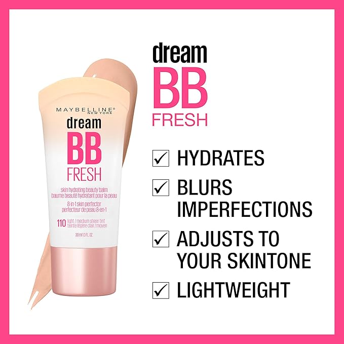 Maybelline Dream Fresh Skin Hydrating BB cream, 8-in-1 Skin Perfecting Beauty Balm with Broad Spectrum SPF 30, Sheer Tint Coverage, Oil-Free, Light/Medium, 1 Fl Oz